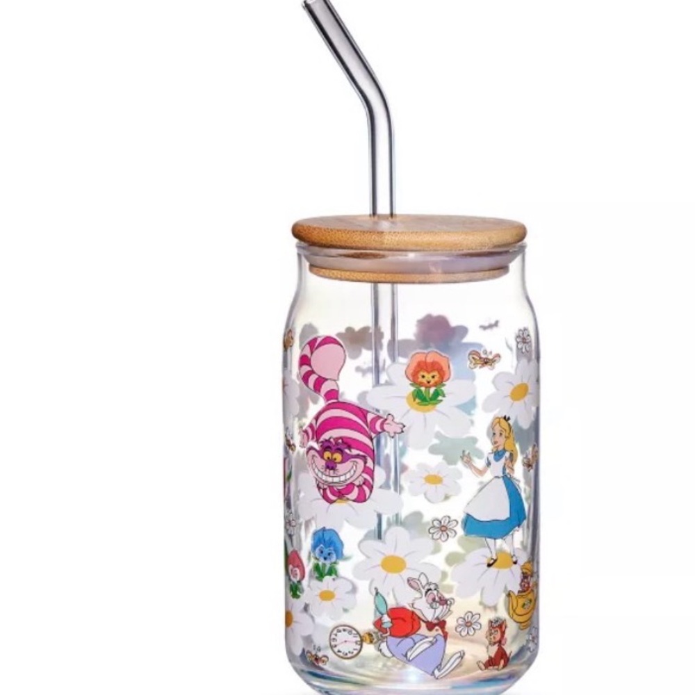 Alice in Wonderland Glass Tumbler with Straw